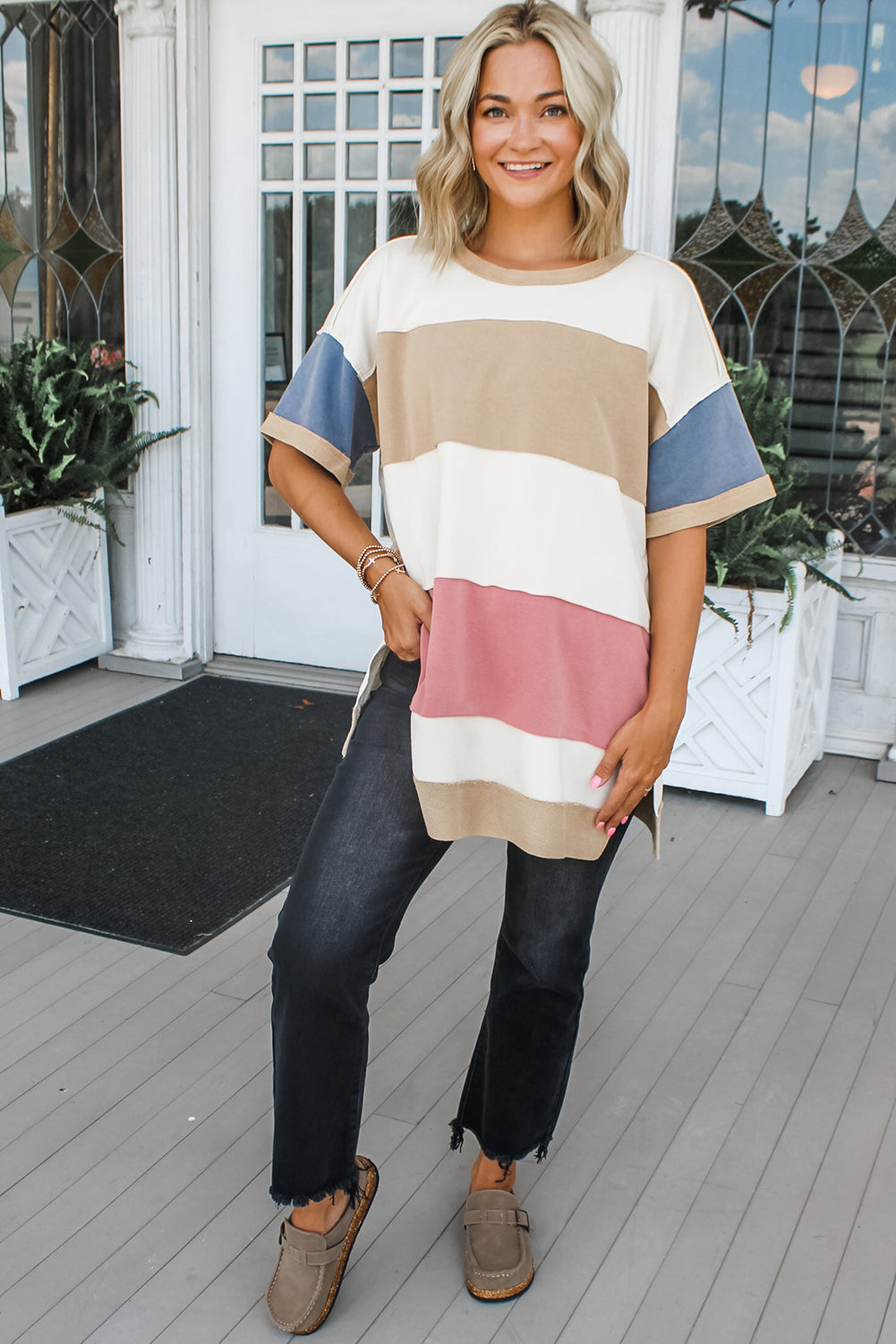 Multicolour Colorblock Patchwork Side Split Tunic T Shirt – Shewin | ClozArt