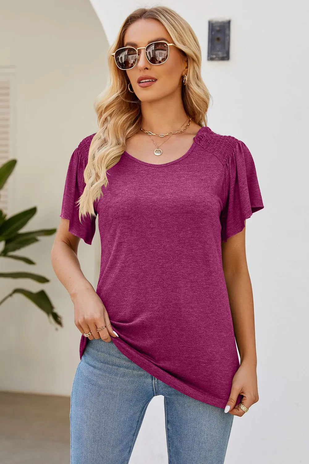 Smocked Round Neck Flutter Sleeve T-Shirt – Trendsi | ClozArt