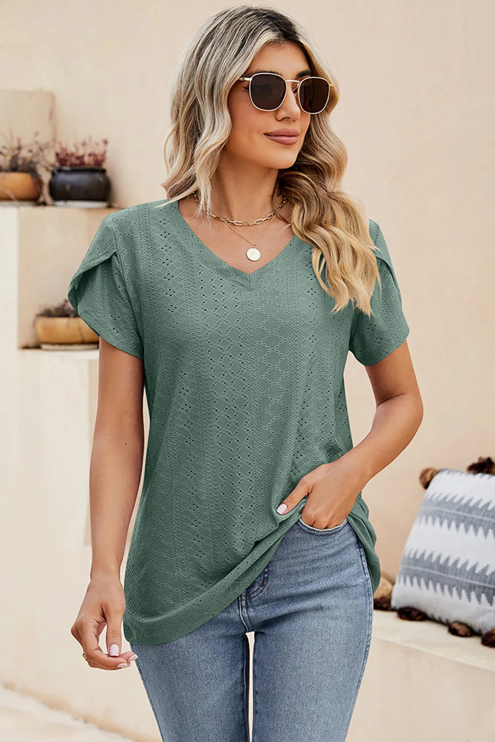 Eyelet V-Neck Petal Sleeve T-Shirt – Trendsi | ClozArt