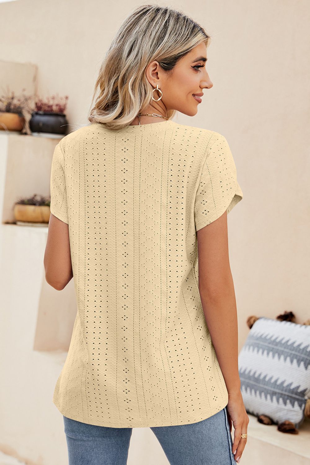 Eyelet Petal Sleeve V-Neck Knit Top – Trendsi | ClozArt