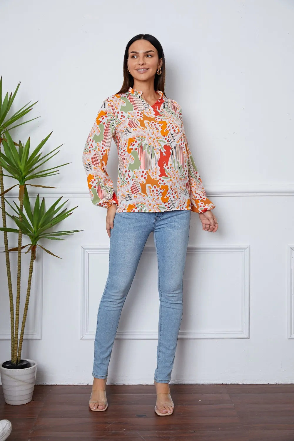 Floral Frill Notched Long Sleeve Blouse – Trendsi | ClozArt