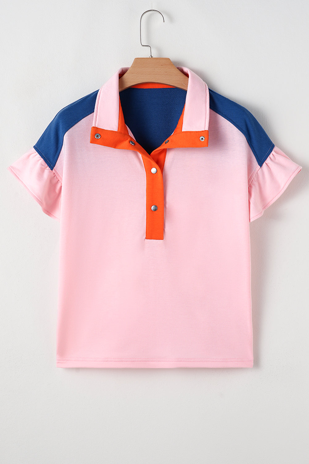 Gossamer Pink Color Block Half Buttoned Ruffled Short Sleeve Pop of Color Neckline T Shirt – Shewin | ClozArt