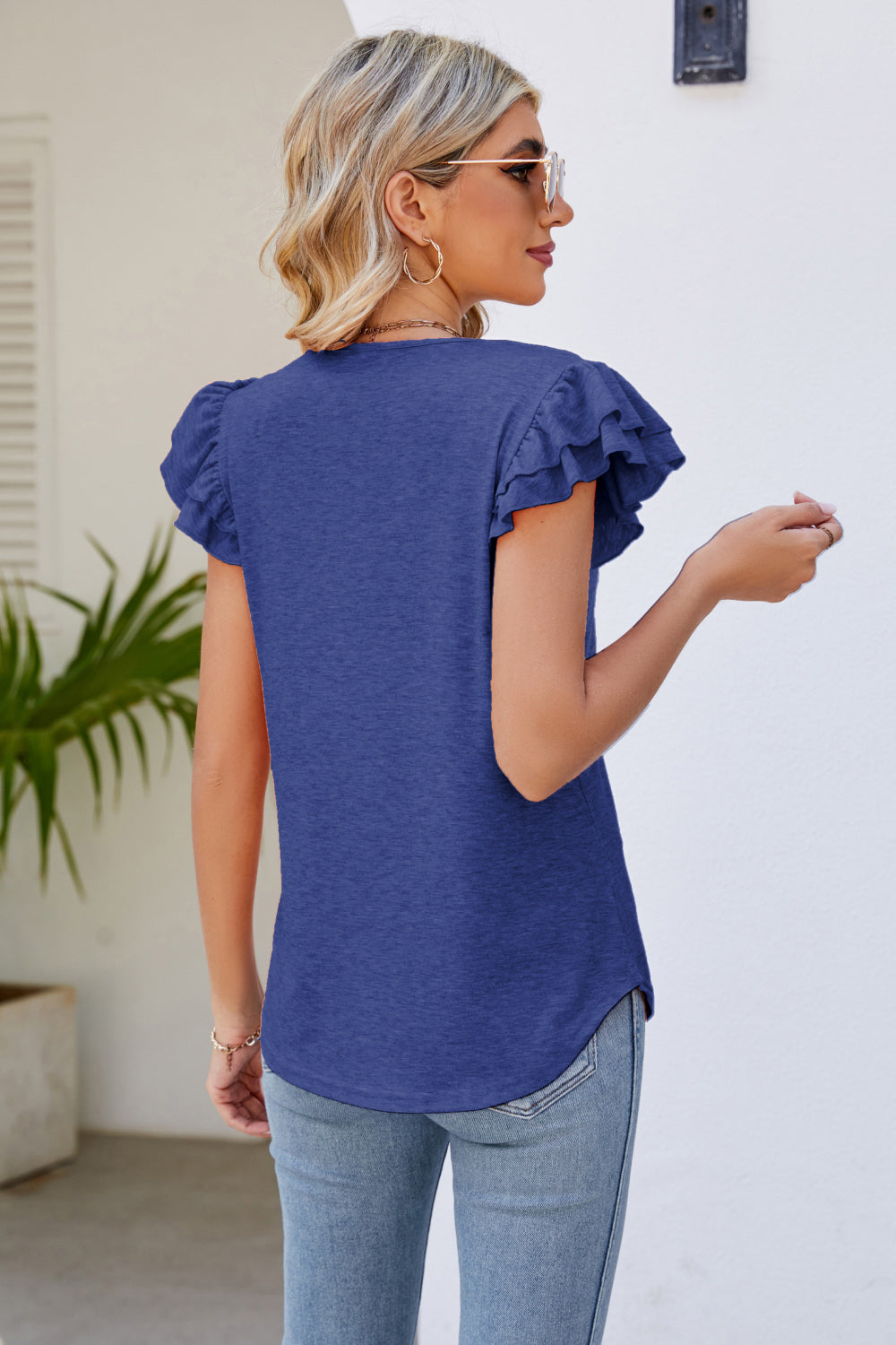 Smocked Flutter Sleeve V-Neck Top – Trendsi | ClozArt