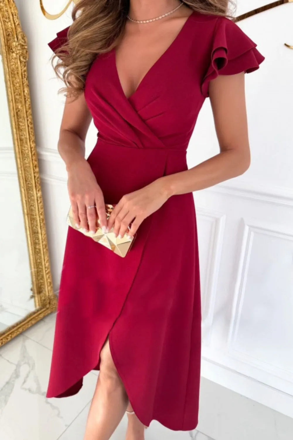 Surplice Ruffled Cap Sleeve Zip Back Dress – Trendsi | ClozArt