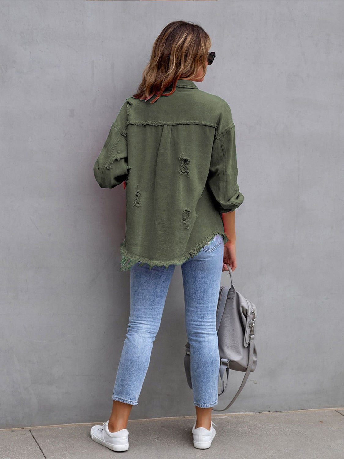 Distressed Drop Shoulder Denim Jacket – Trendsi | ClozArt