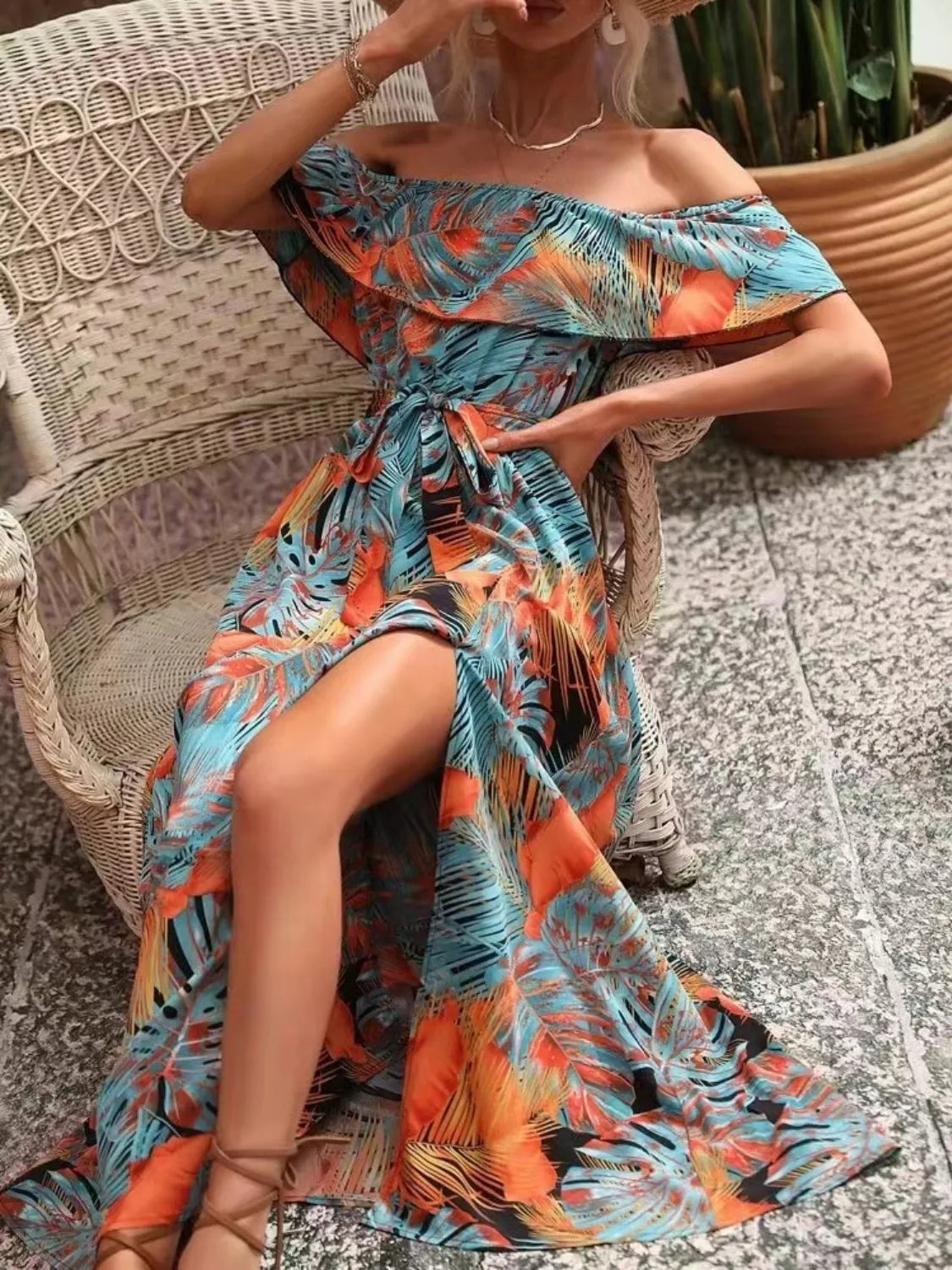 Ruffled Printed Off Shoulder Maxi Dress – Trendsi | ClozArt
