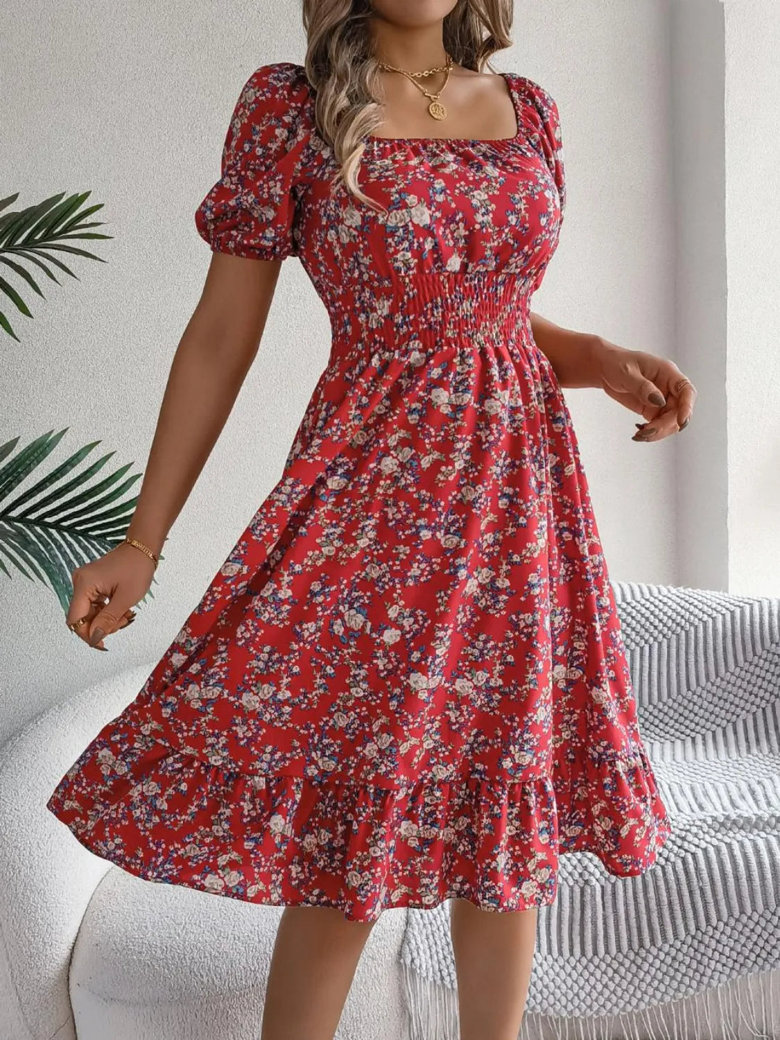 Ruffled Hem Floral Puff Sleeve Dress – Trendsi | ClozArt