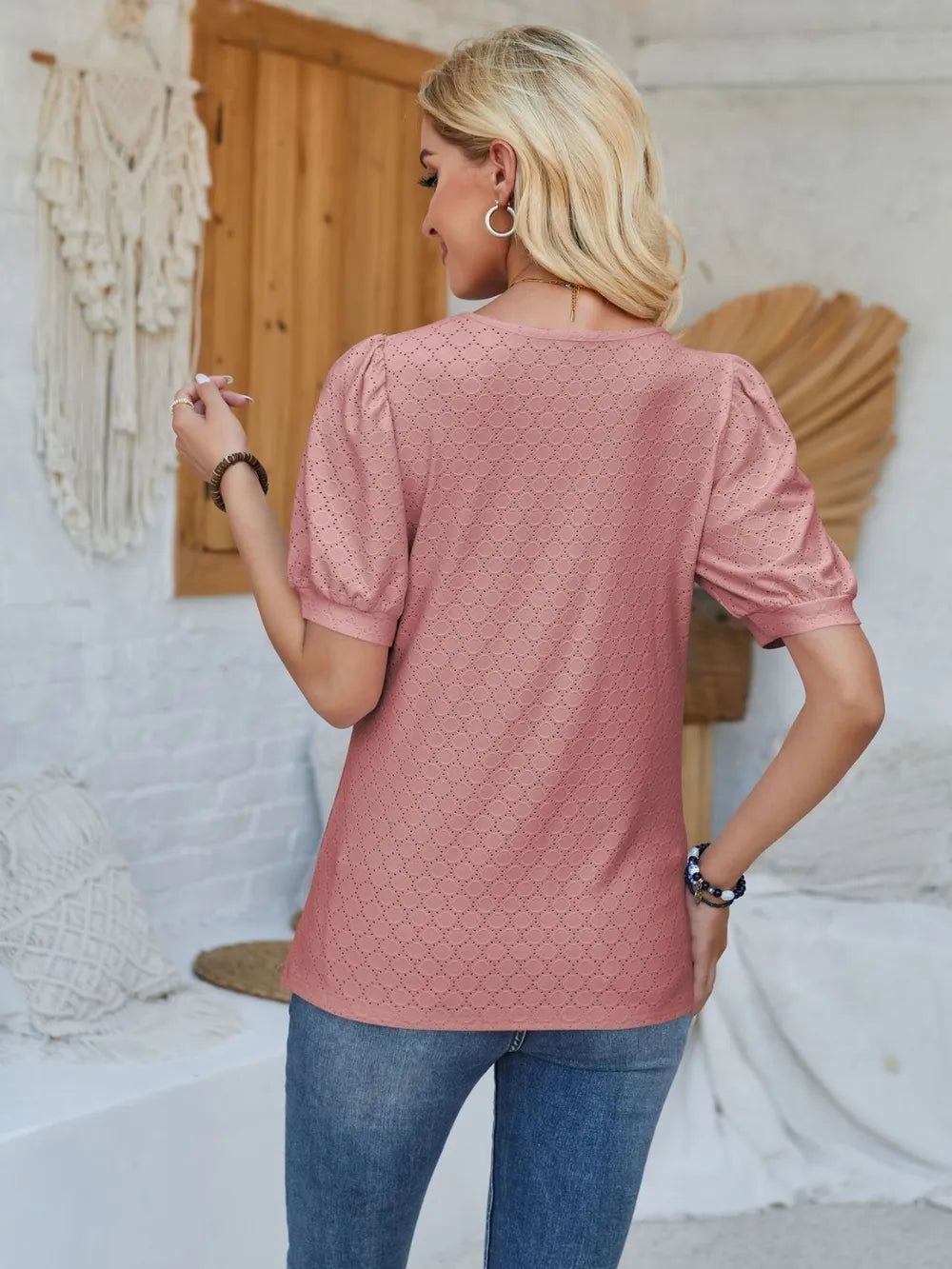 Eyelet Asymmetrical Neck Short Sleeve T-Shirt – Trendsi | ClozArt