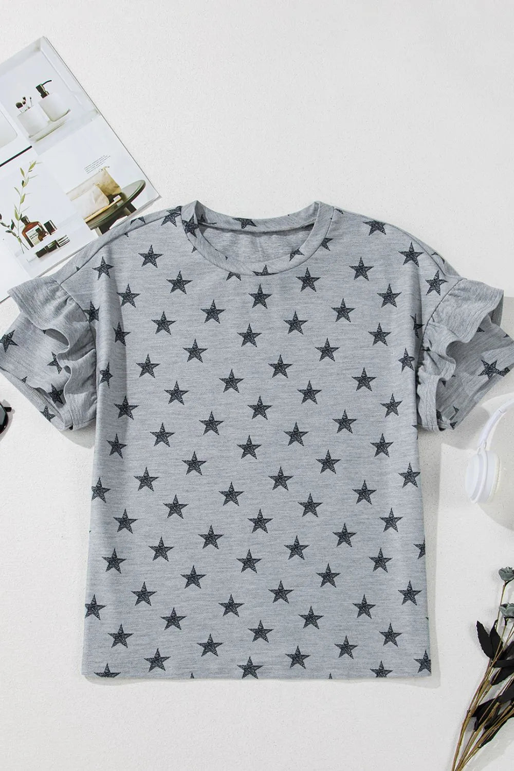Star Print Tiered Ruffled Sleeve Crew Neck T Shirt – Trendsi | ClozArt