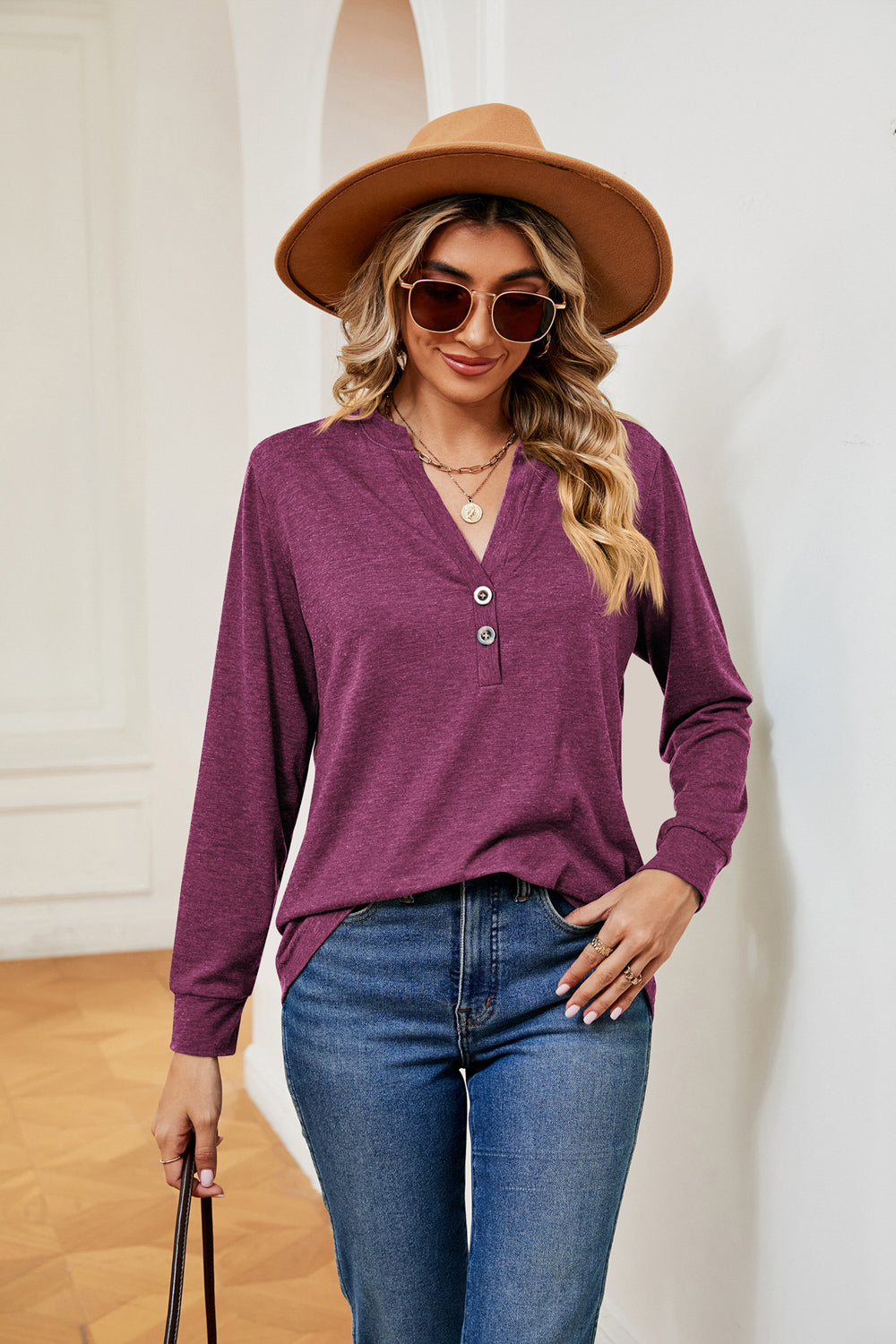 Buttoned Notched Neck Long Sleeve Top – Trendsi | ClozArt