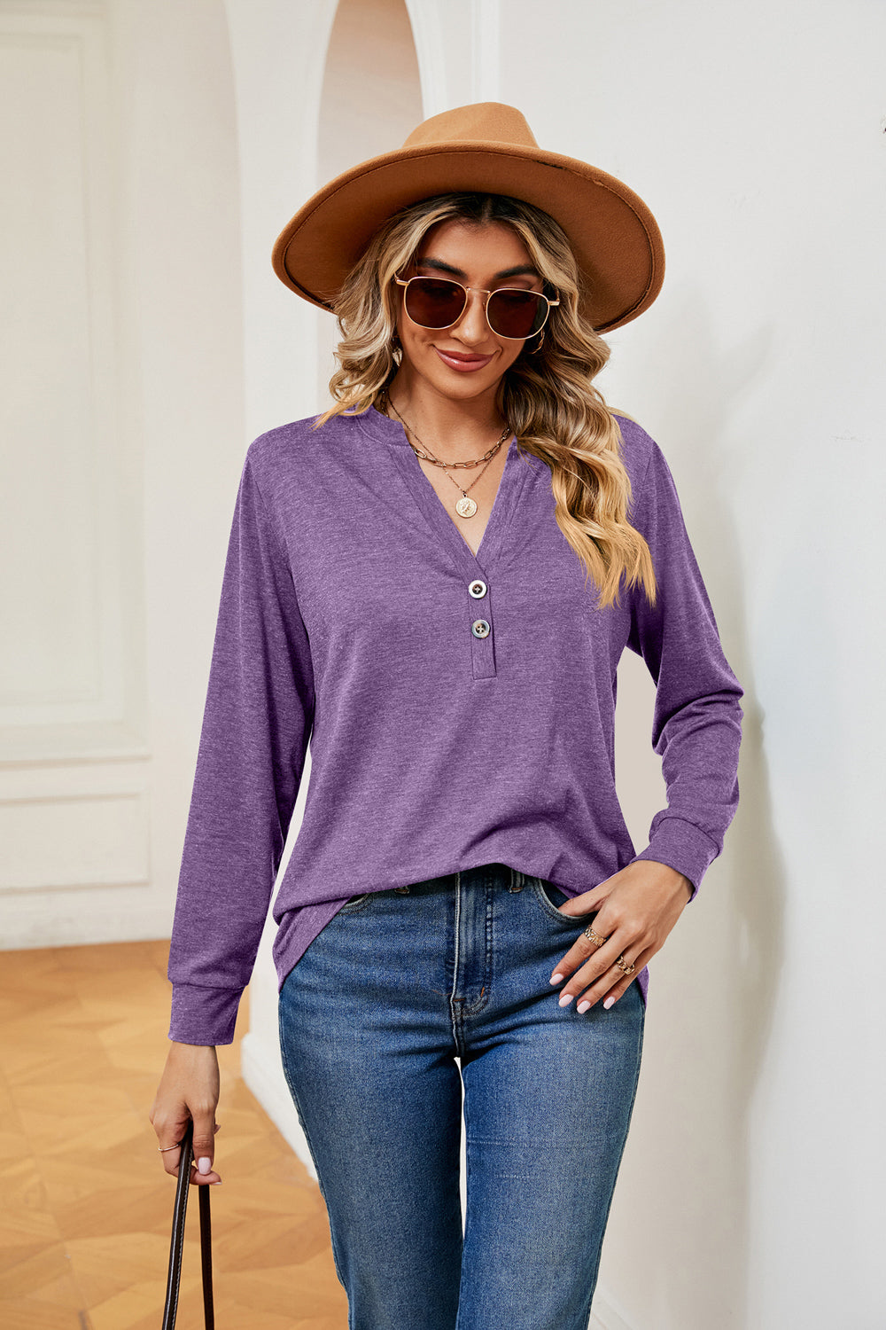 Buttoned Notched Neck Long Sleeve Top – Trendsi | ClozArt