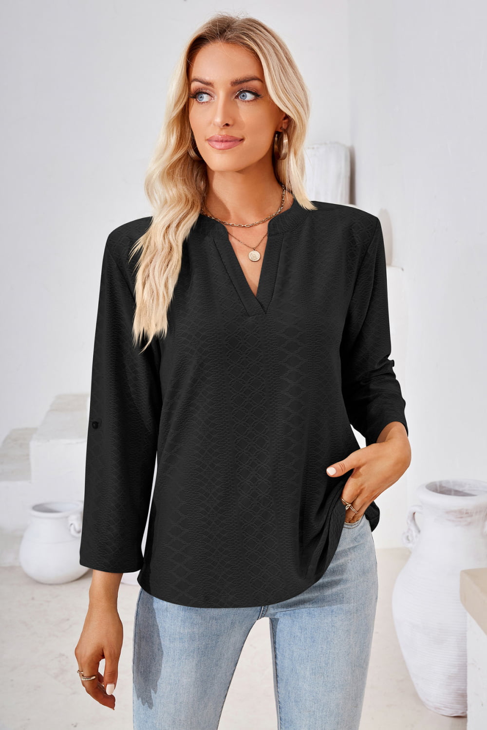 V-Neck Roll-Tap Sleeve Blouse – Trendsi | ClozArt