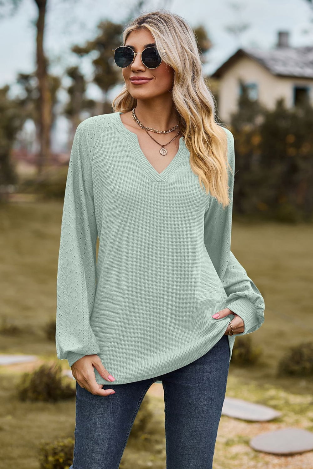 Notched Neck Raglan Sleeve Blouse – Trendsi | ClozArt