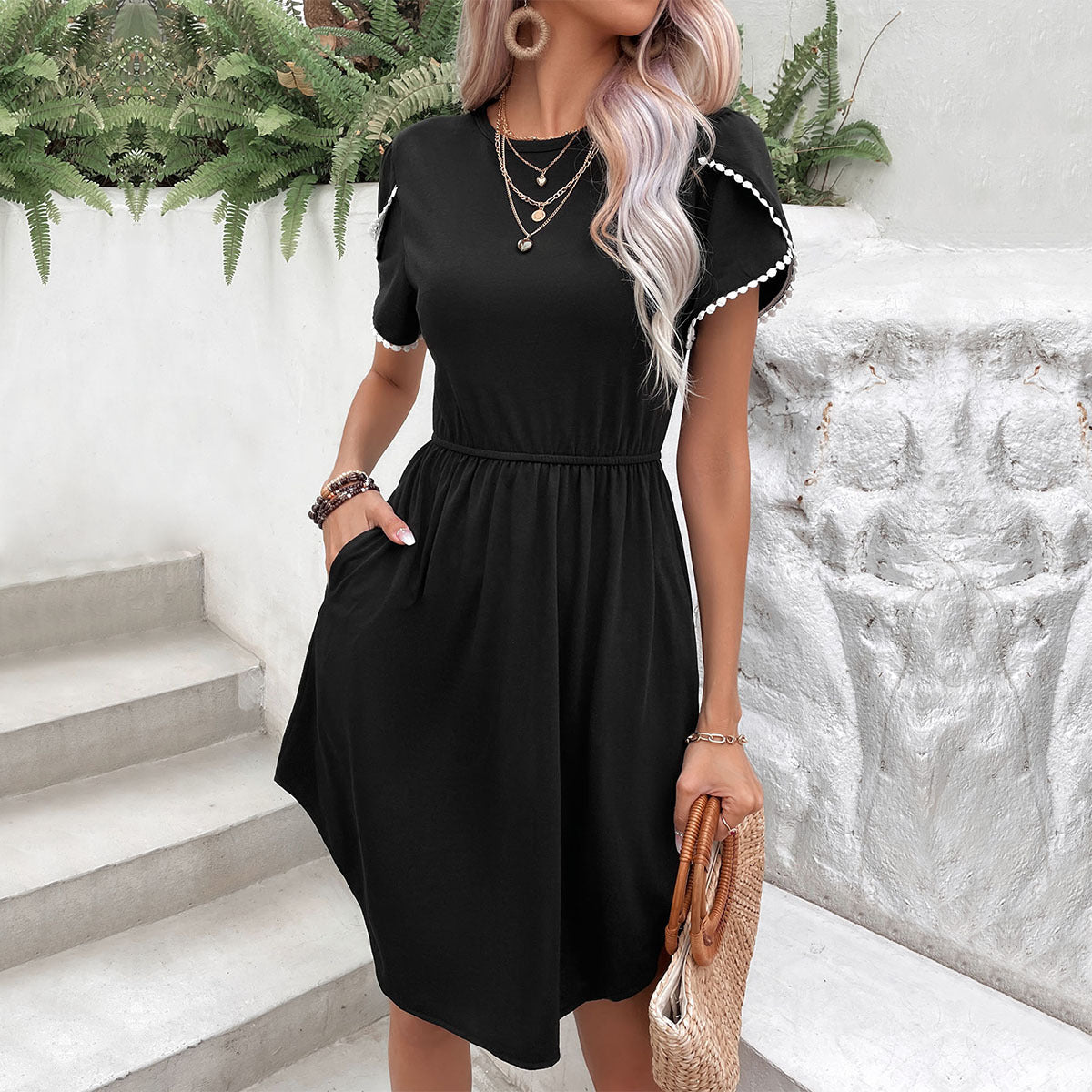 Perfee Round Neck Petal Sleeve Dress with Pockets – Trendsi | ClozArt