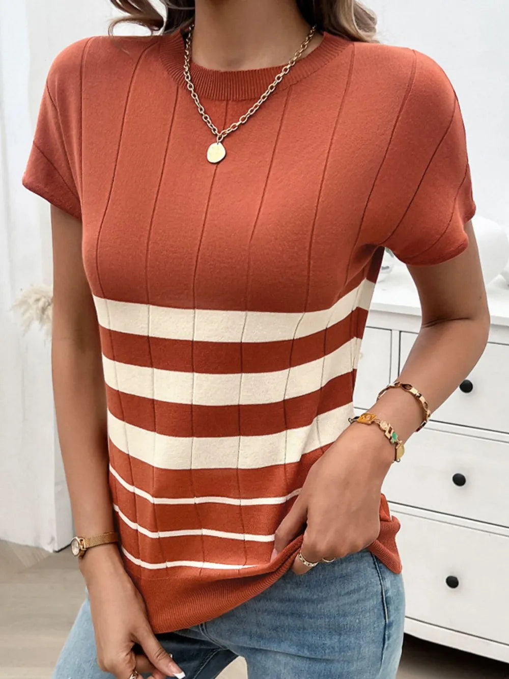 Devine Striped Round Neck Short Sleeve Knit Top – Trendsi | ClozArt