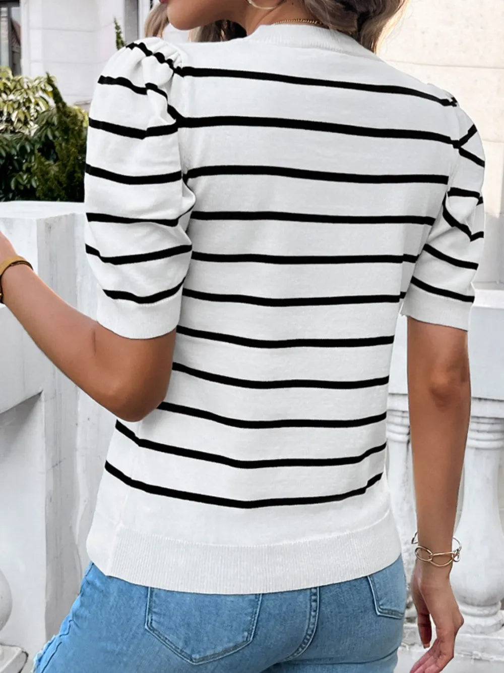 Devine Striped Round Neck Puff Sleeve Knit Top – Trendsi | ClozArt