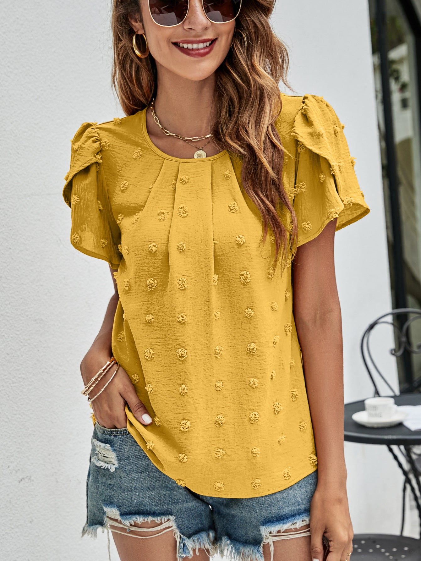 Swiss Dot Round Neck Petal Sleeve Top – Trendsi | ClozArt