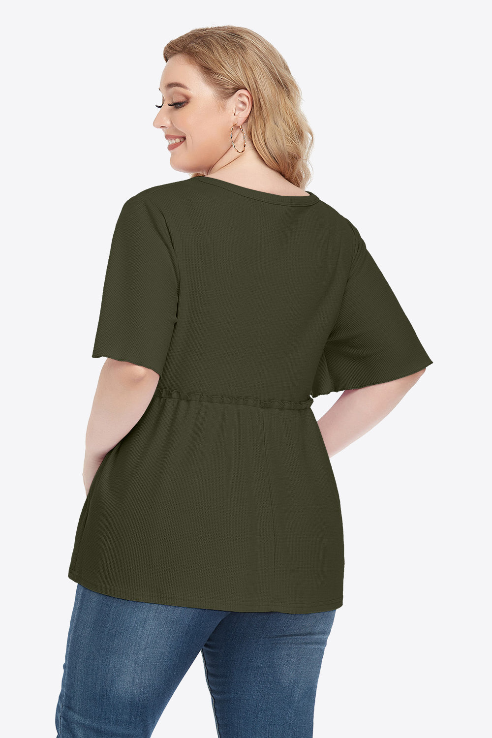 Plus Size Buttoned V-Neck Frill Trim Babydoll Blouse – Trendsi | ClozArt