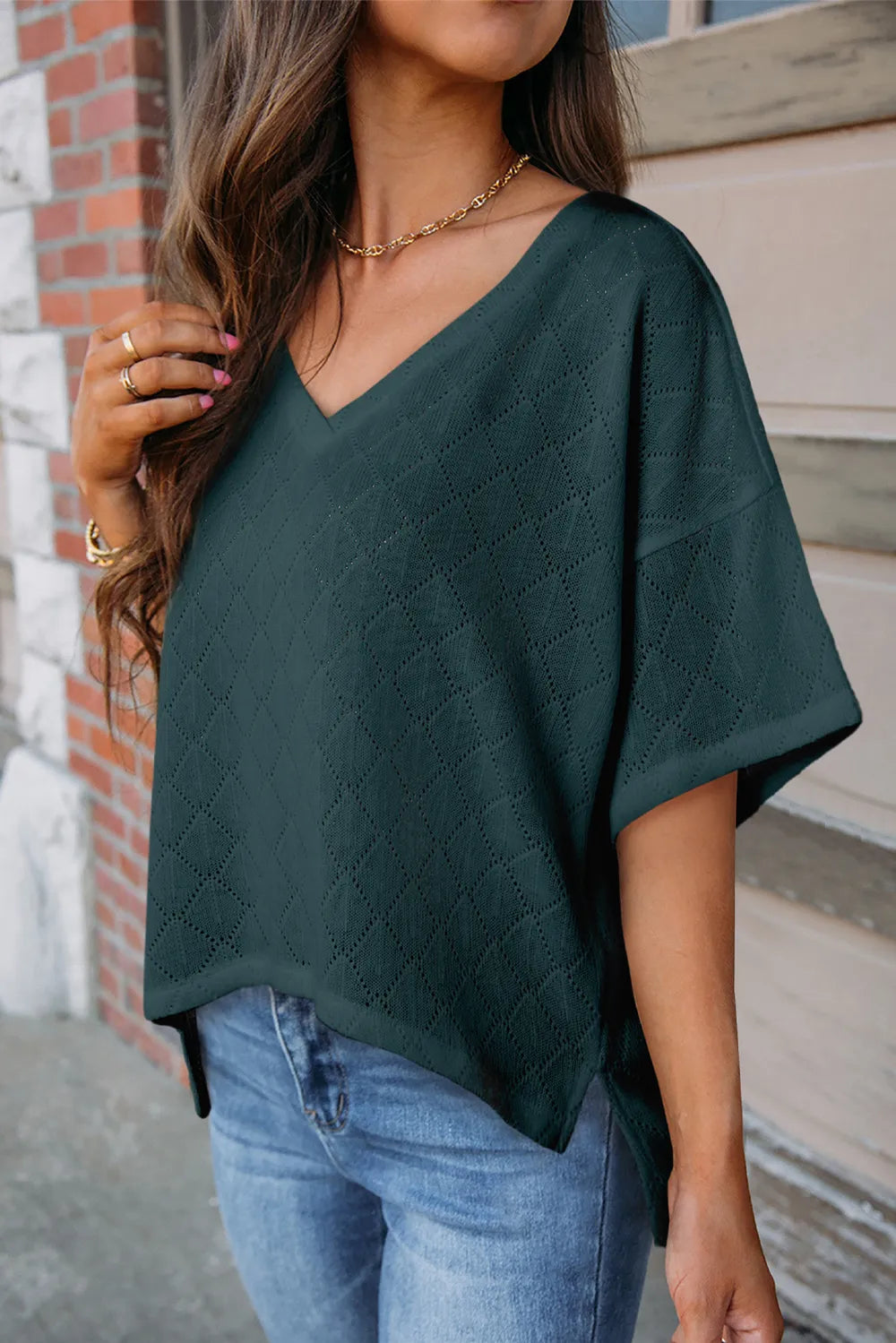 Eyelet V-Neck Dropped Shoulder T-Shirt – Trendsi | ClozArt