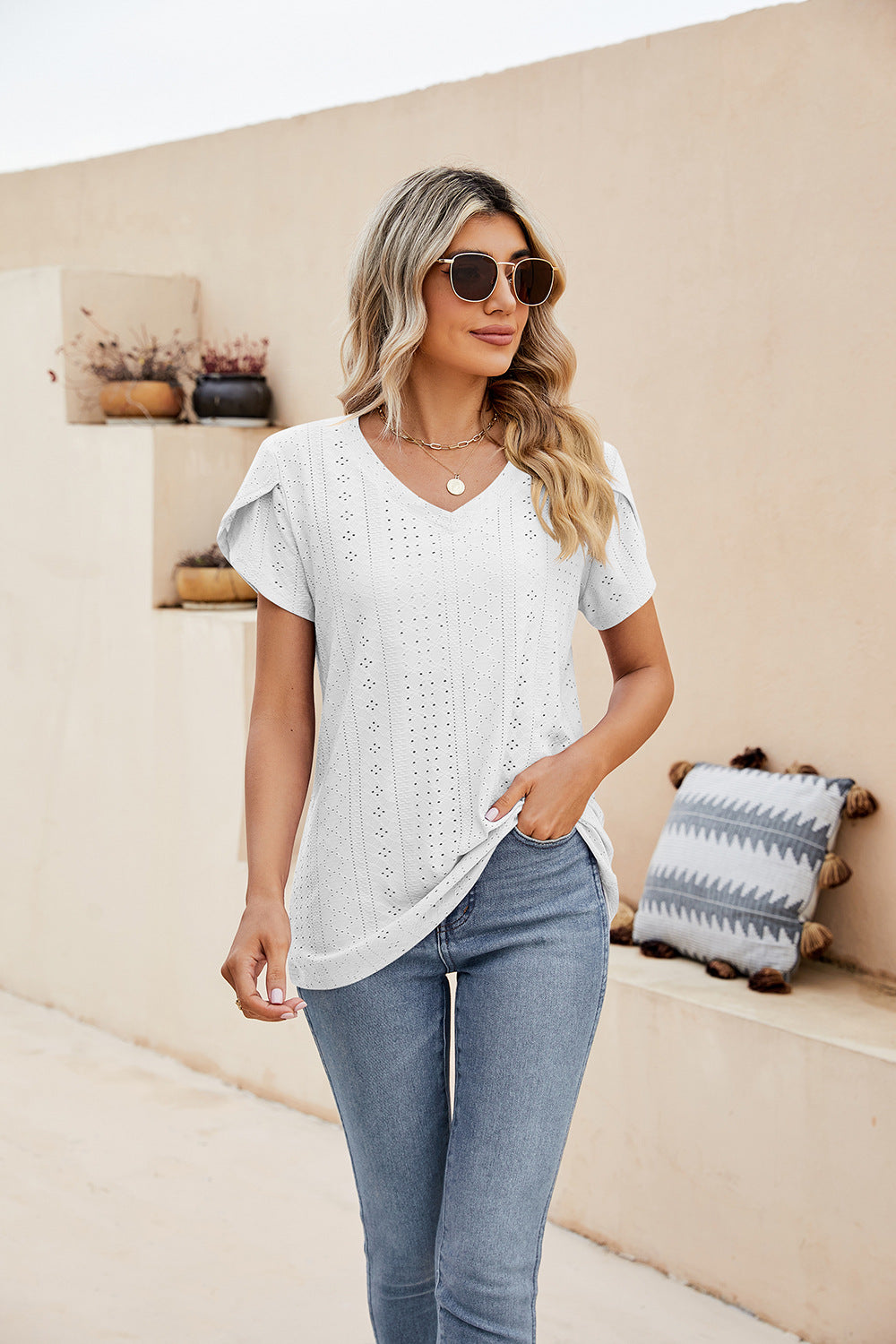 Eyelet Petal Sleeve V-Neck Knit Top – Trendsi | ClozArt
