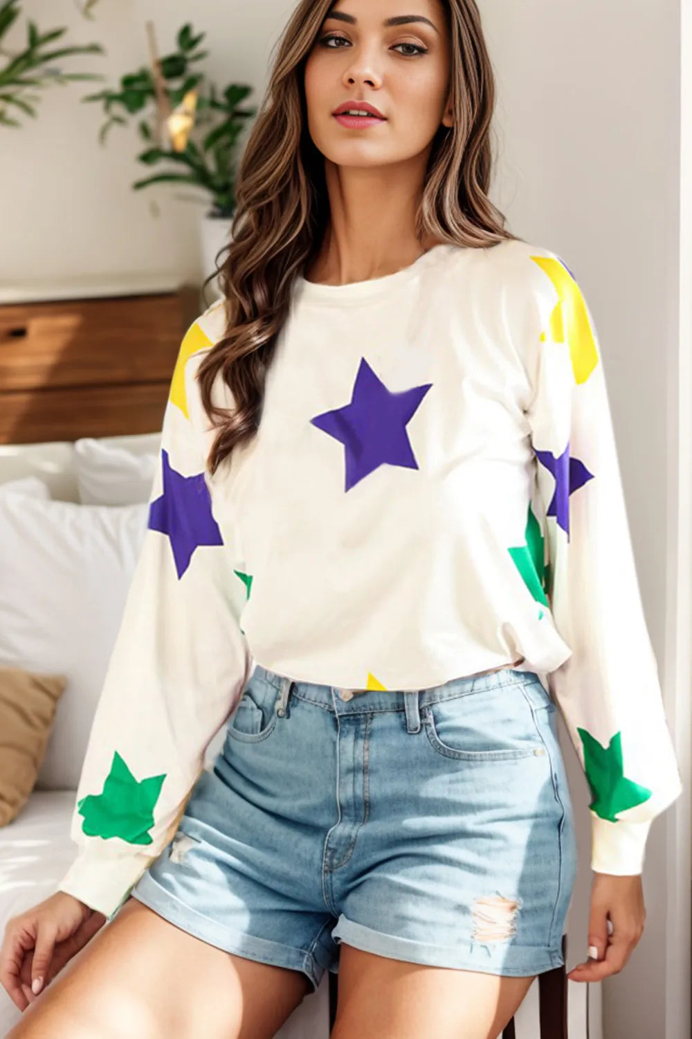 Star Print Round Neck Lantern Sleeve T-Shirt – Trendsi | ClozArt