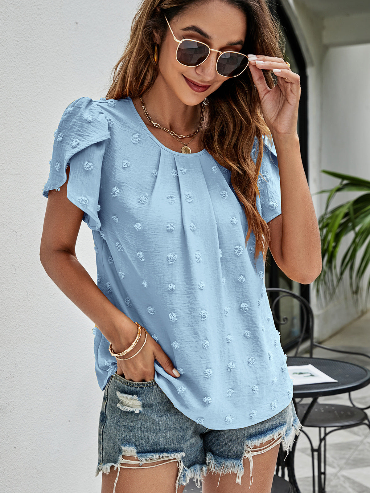 Swiss Dot Round Neck Petal Sleeve Top – Trendsi | ClozArt