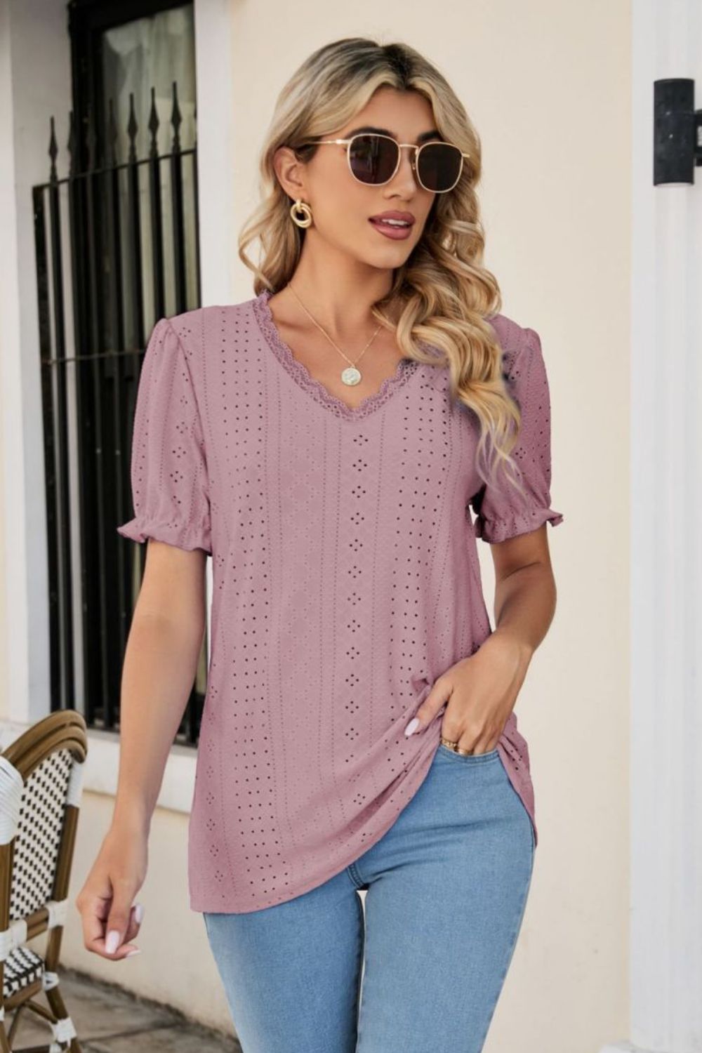 Eyelet Flounce Sleeve Scalloped V-Neck Top – Trendsi | ClozArt