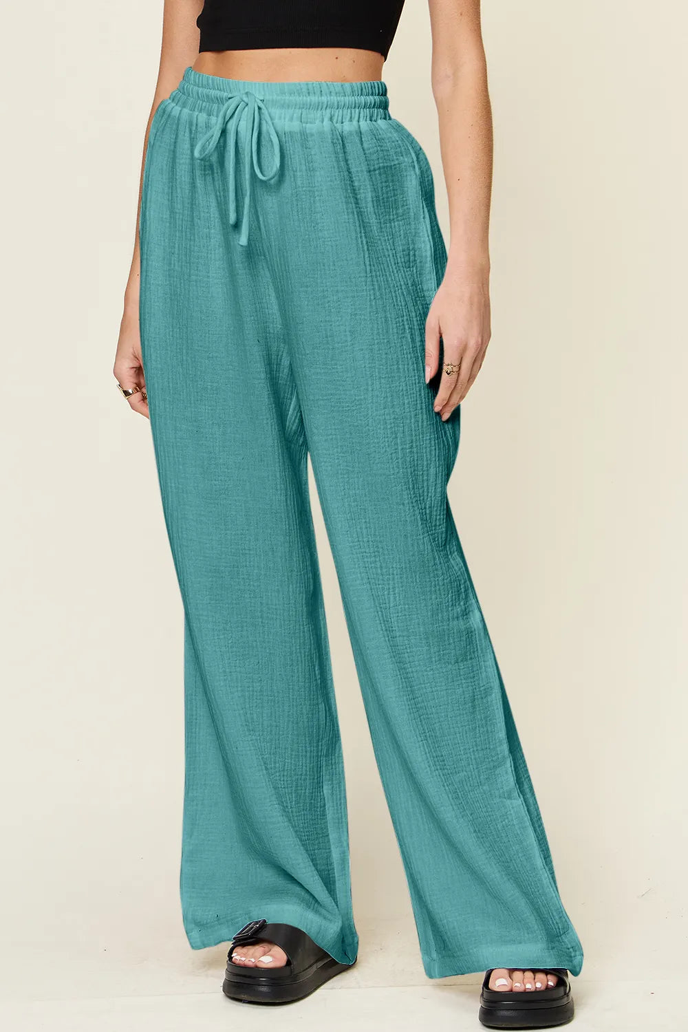 Double Take Full Size Texture Drawstring Wide Leg Pants – Trendsi | ClozArt