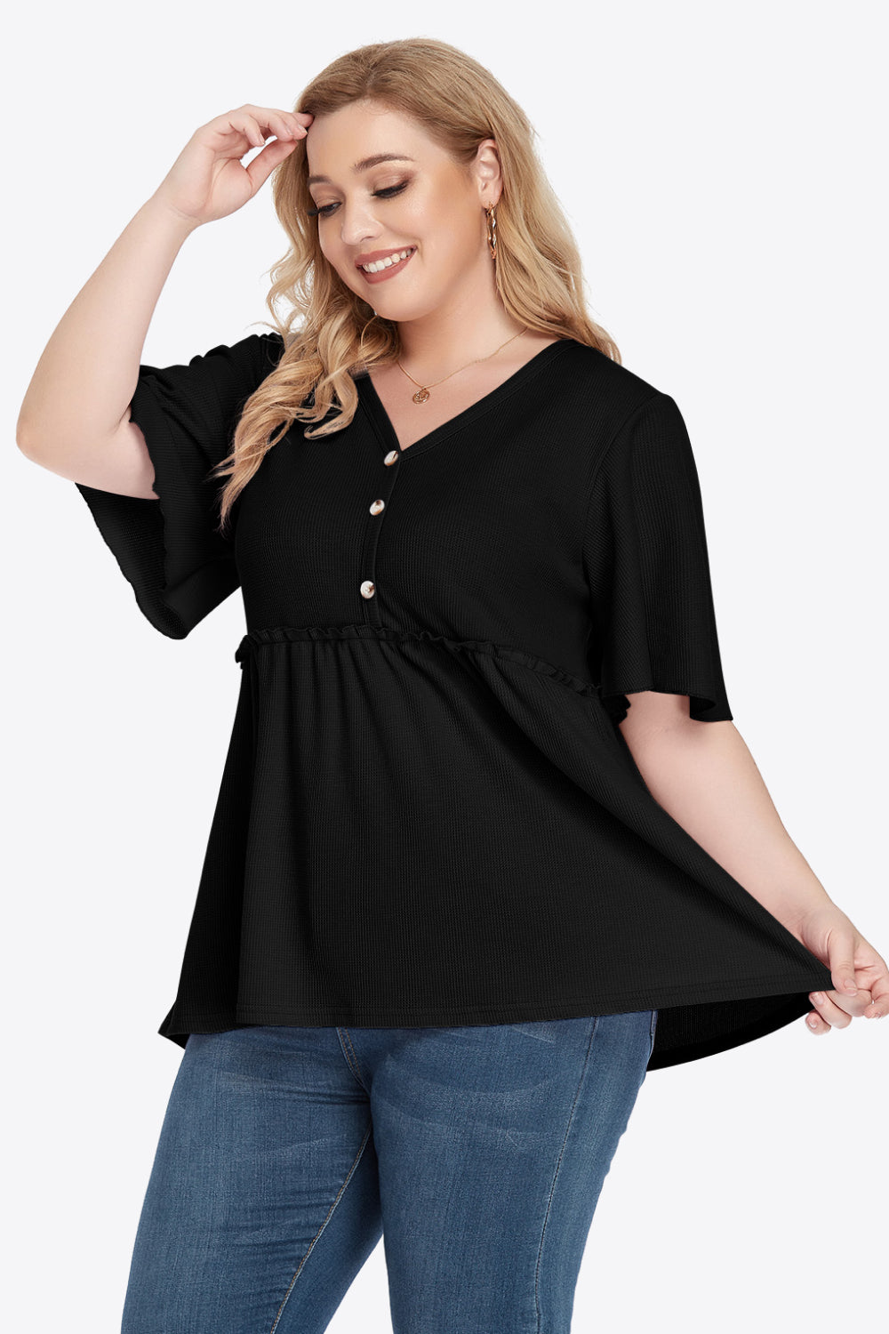 Plus Size Buttoned V-Neck Frill Trim Babydoll Blouse – Trendsi | ClozArt