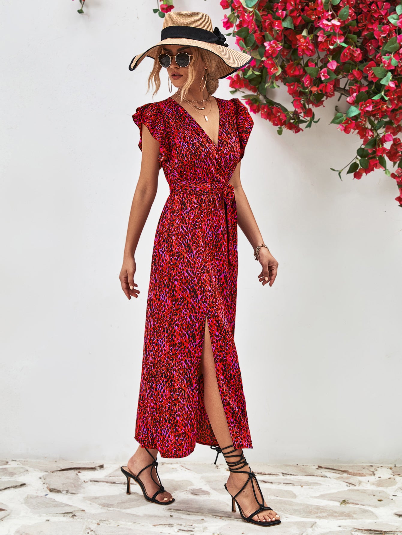 Printed Surplice Neck Flutter Sleeve Slit Dress – Trendsi | ClozArt