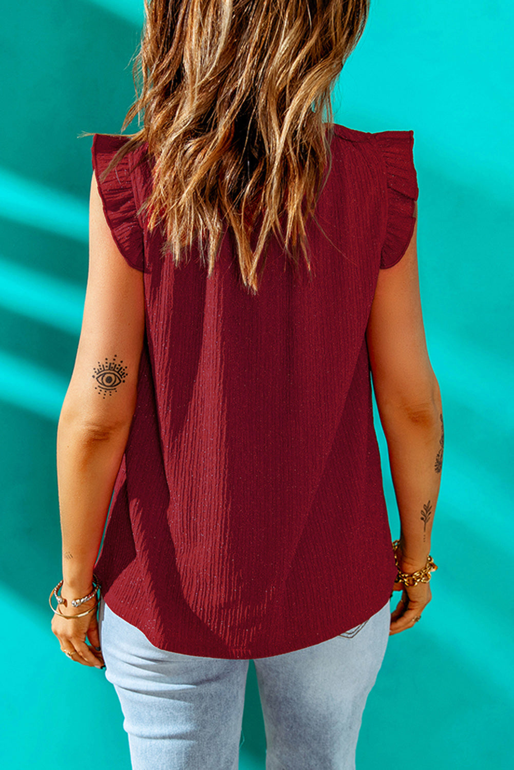 Textured Flutter Sleeve Frill Neck Blouse – Trendsi | ClozArt
