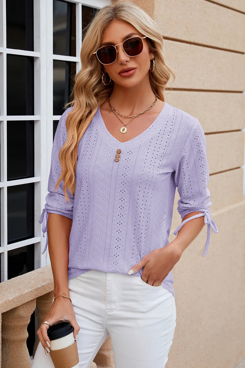Eyelet Drawstring V-Neck Half Sleeve T-Shirt – Trendsi | ClozArt