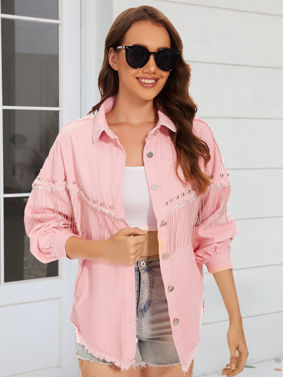 Raw Hem Fringe Detail Denim Jacket – Trendsi | ClozArt