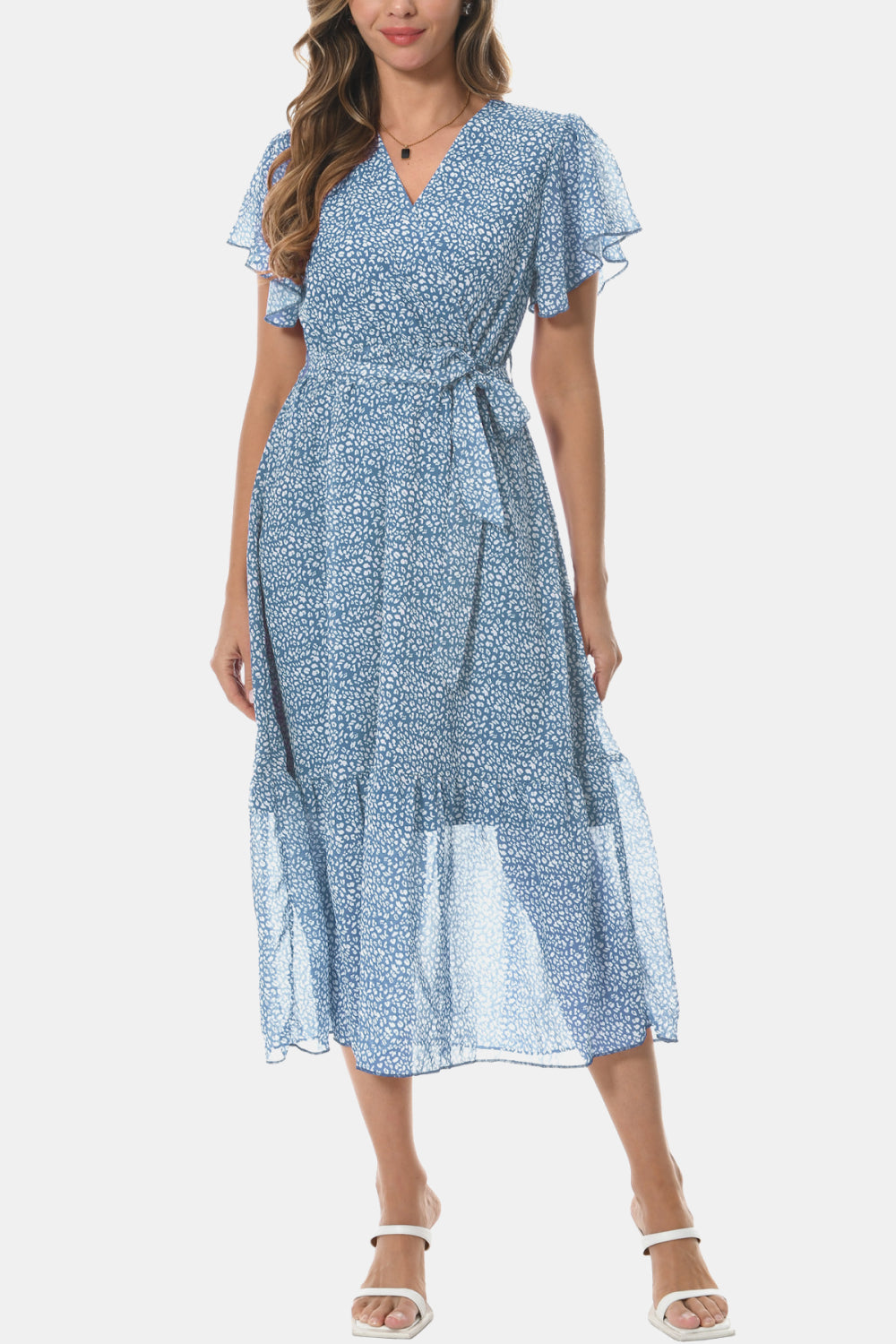 Surplice Neck Flutter Sleeve Tied Dress – Trendsi | ClozArt
