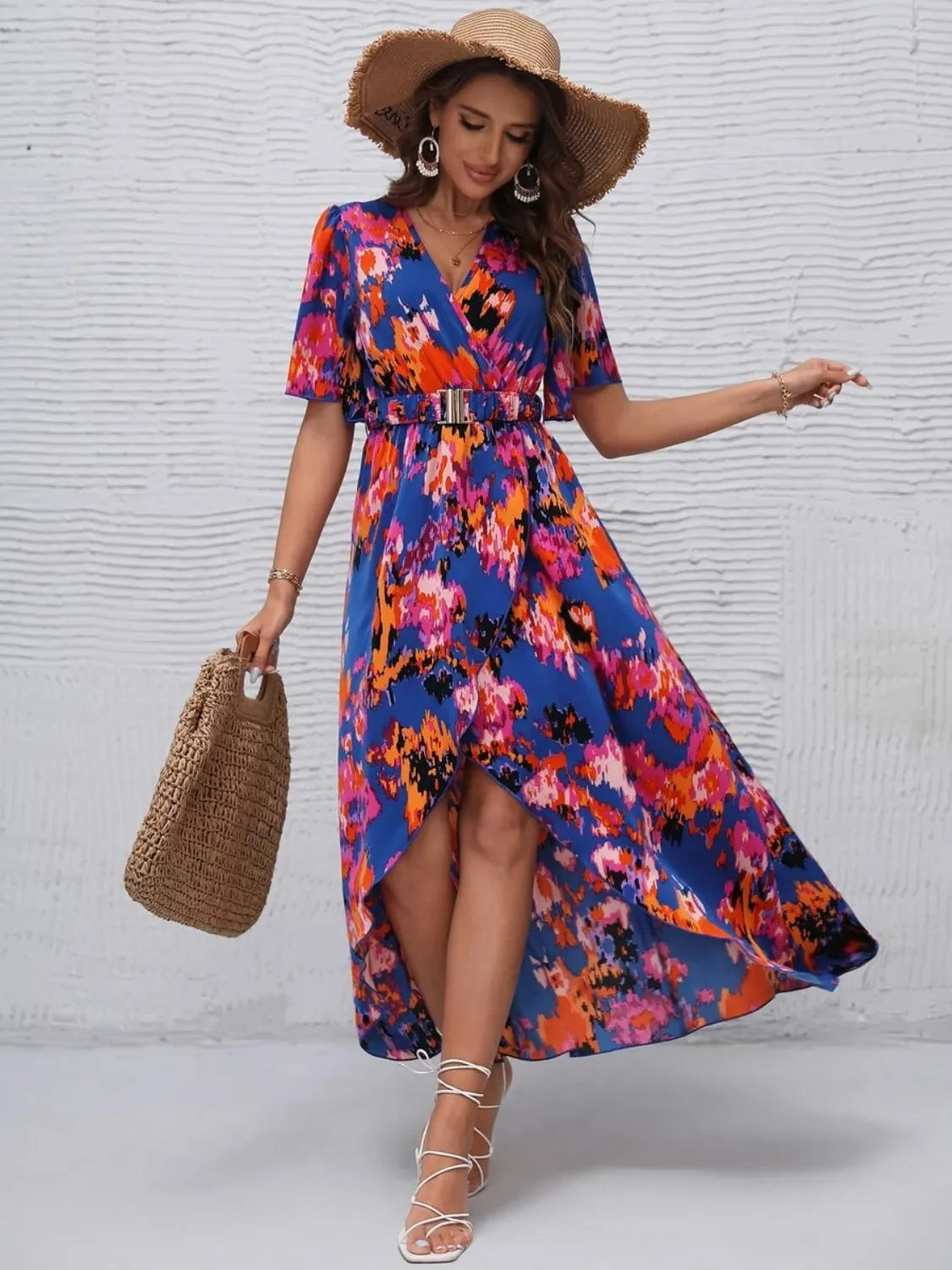 Printed Surplice Short Sleeve Maxi Dress – Trendsi | ClozArt