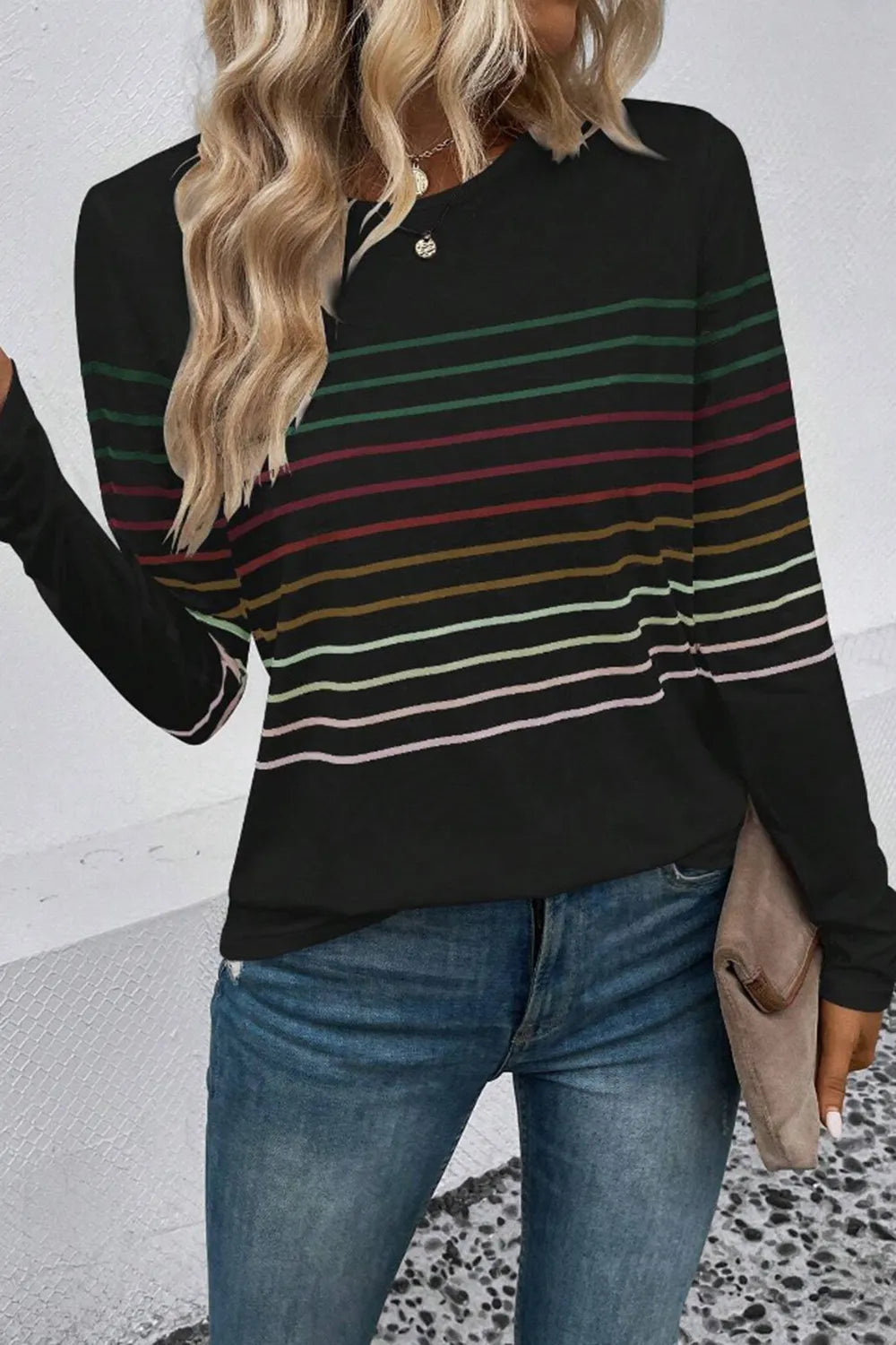 Striped Round Neck Long Sleeve T-Shirt – Trendsi | ClozArt