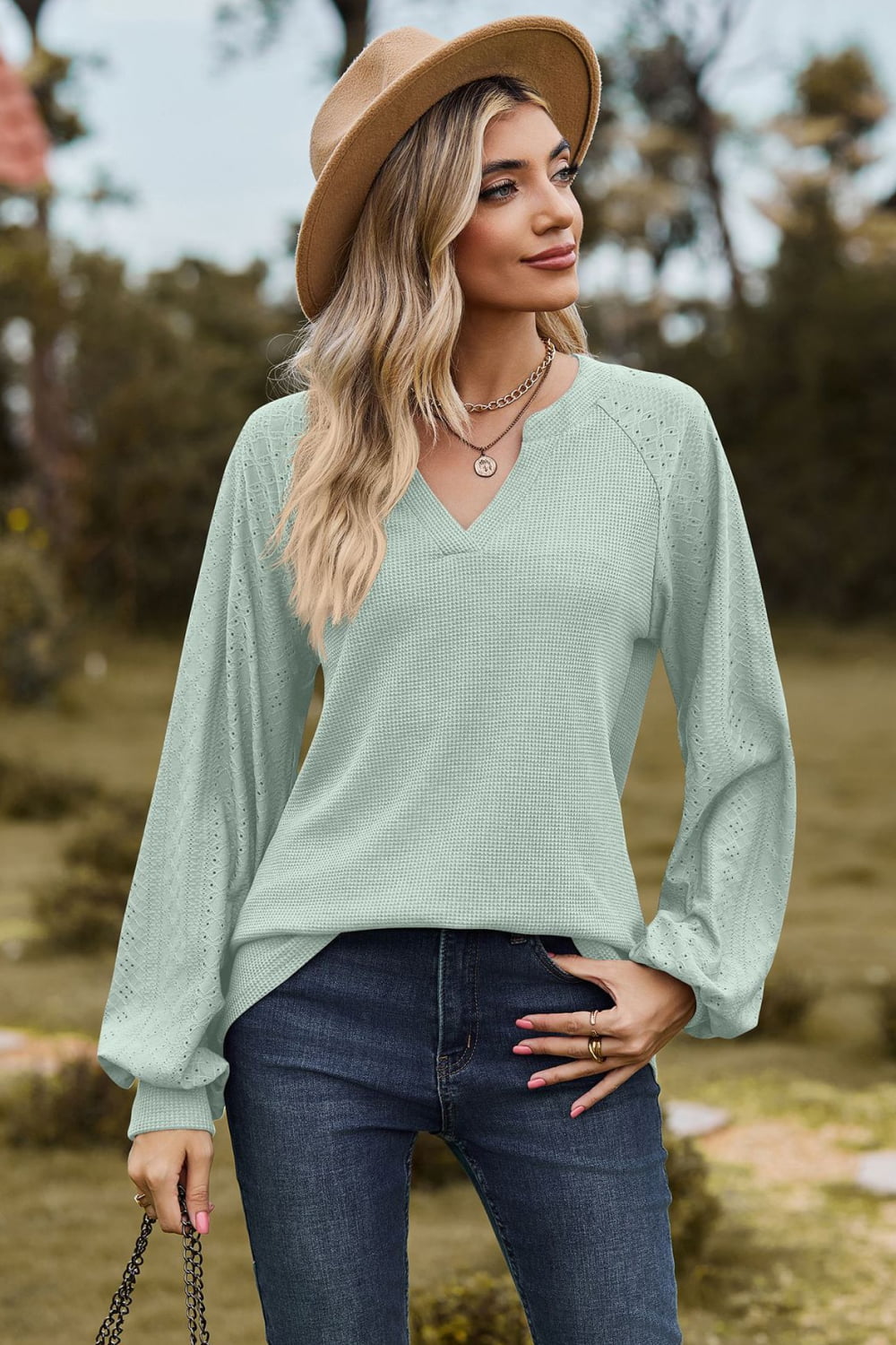 Notched Neck Raglan Sleeve Blouse – Trendsi | ClozArt