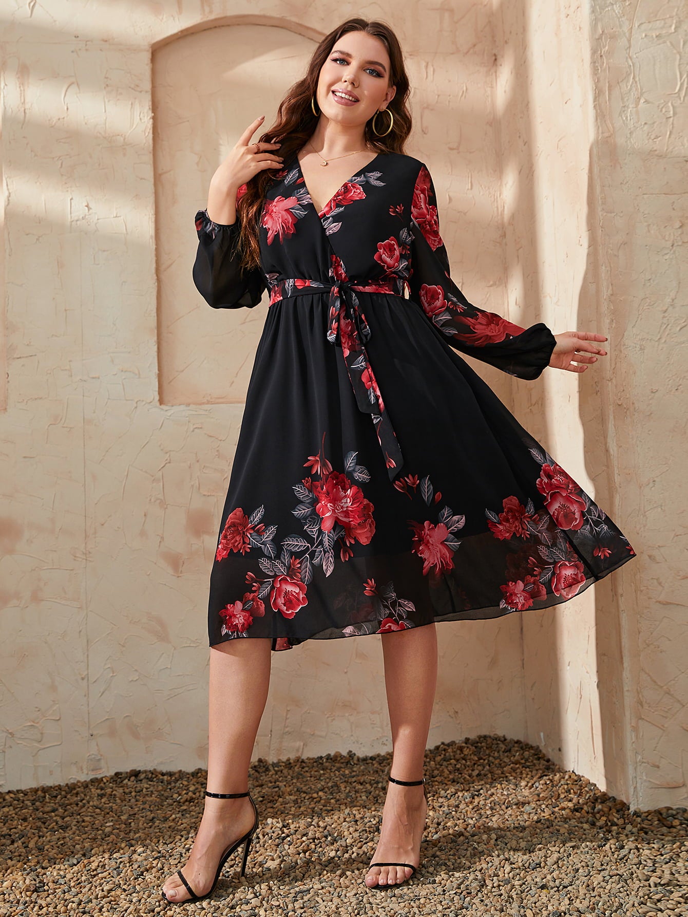 Honey Plus Size Floral Surplice Neck Tie Waist Dress – Trendsi | ClozArt