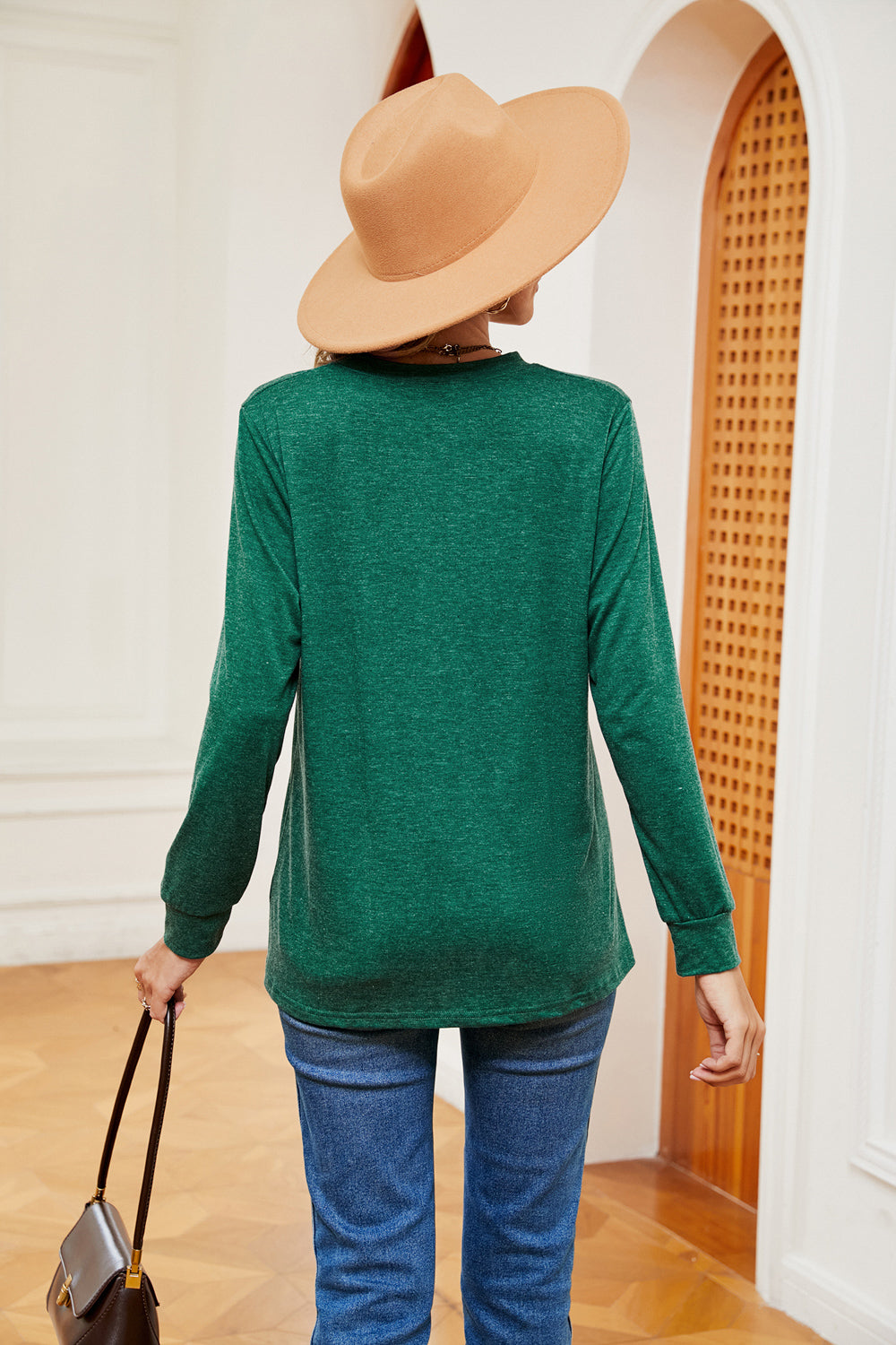 Buttoned Notched Neck Long Sleeve Top – Trendsi | ClozArt