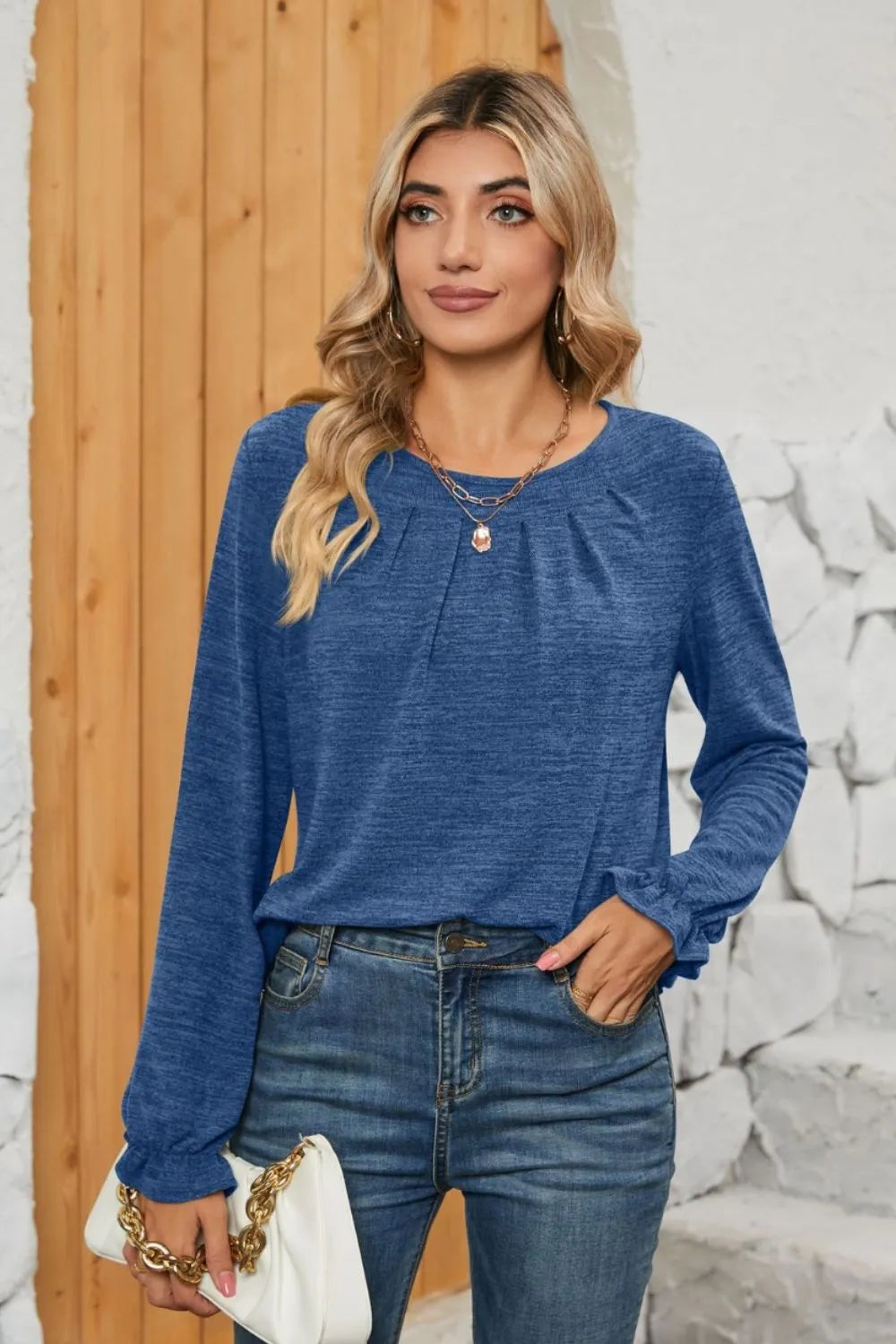 Ruched Round Neck Flounce Sleeve T-Shirt – Trendsi | ClozArt