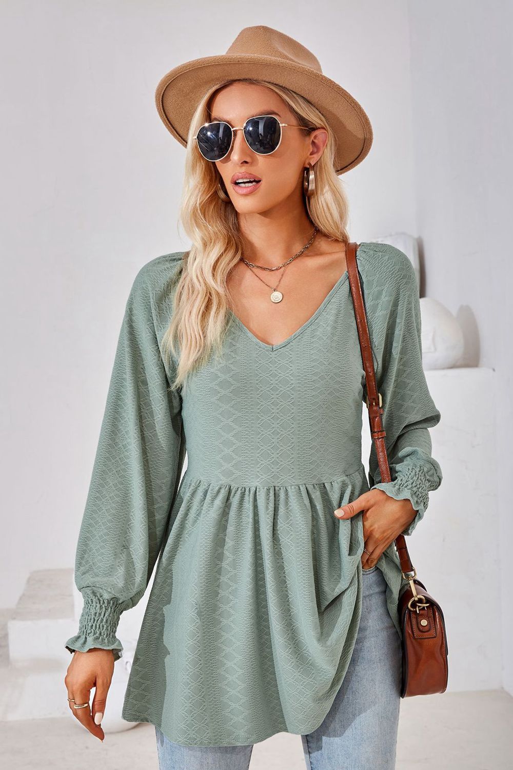 V-Neck Lantern Sleeve Blouse – Trendsi | ClozArt