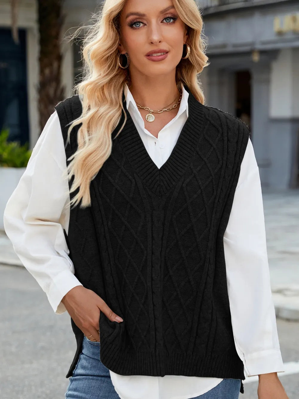 Cable Knit V-Neck Sweater Vest – Trendsi | ClozArt