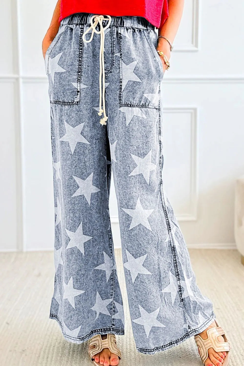 Star Print Washed Drawstring High Waist Wide Leg Jeans – Trendsi | ClozArt