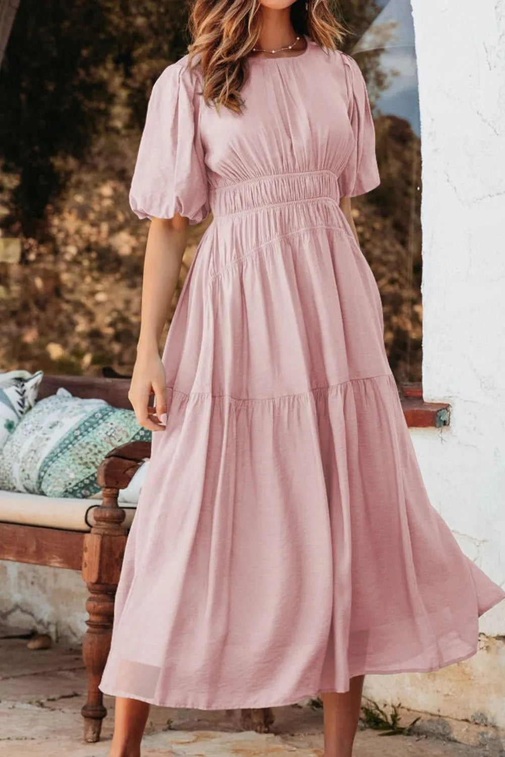 Puff Sleeve Pleated High Waist Flowy Midi Dress – Trendsi | ClozArt