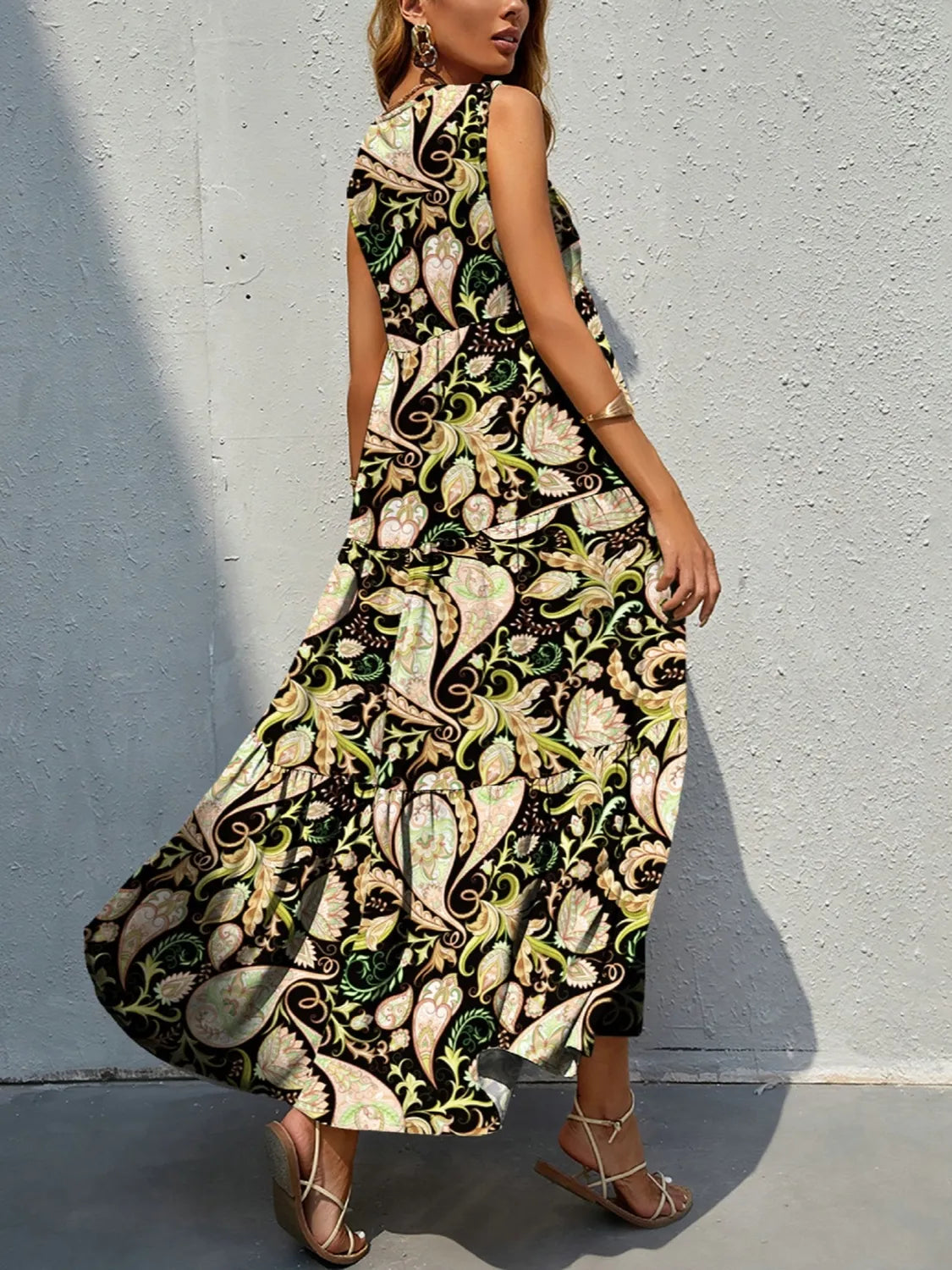 Printed V-Neck Tiered Maxi Tank Dress – Trendsi | ClozArt