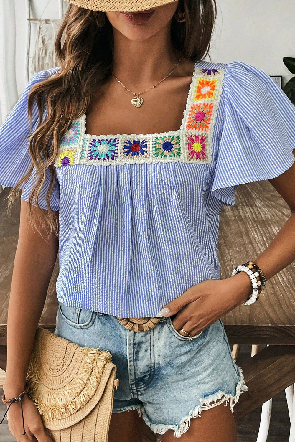 Sky Blue Striped Crochet Applique Boho Blouse – Shewin | ClozArt