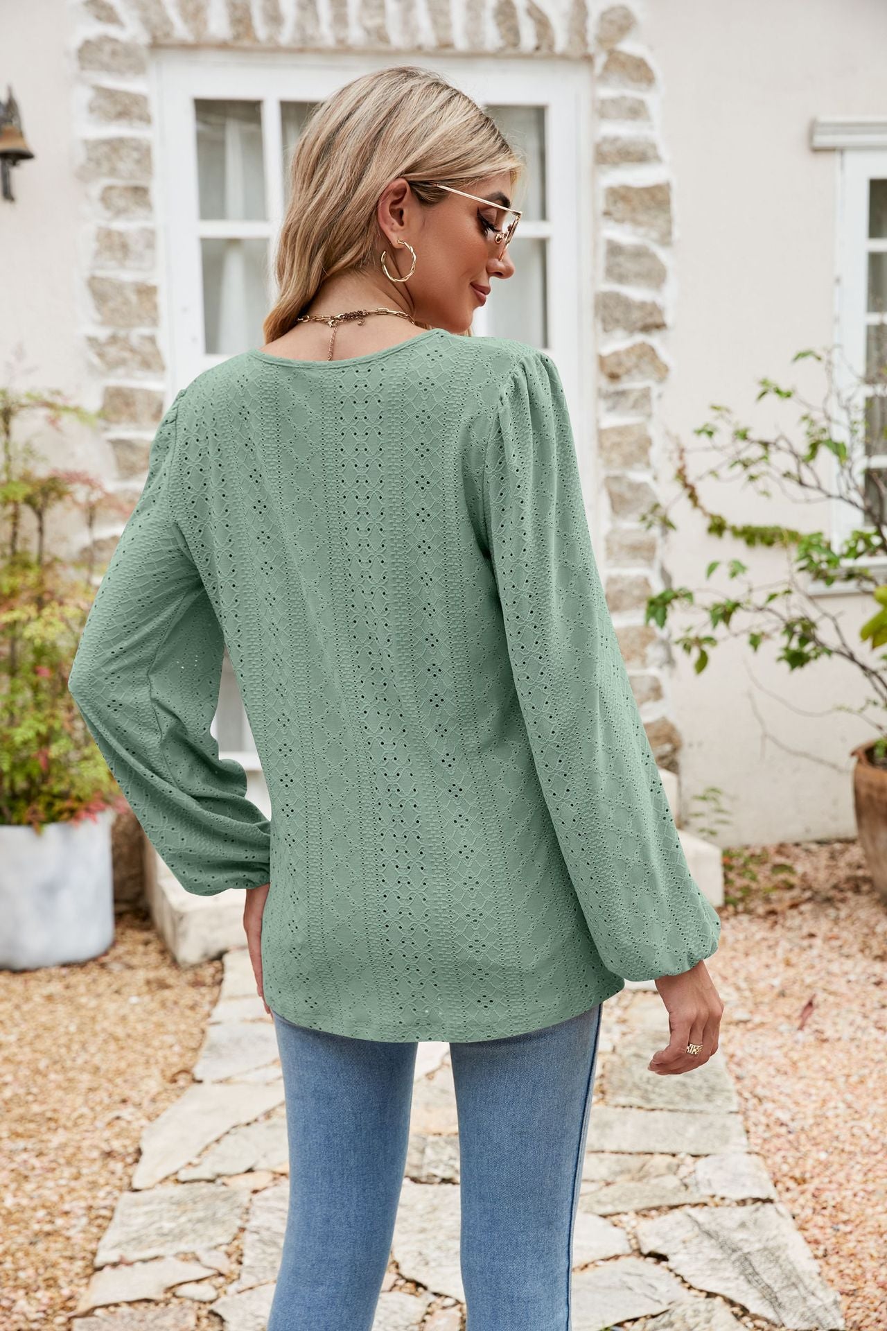 Eyelet Notched Neck Balloon Sleeve Blouse – Trendsi | ClozArt