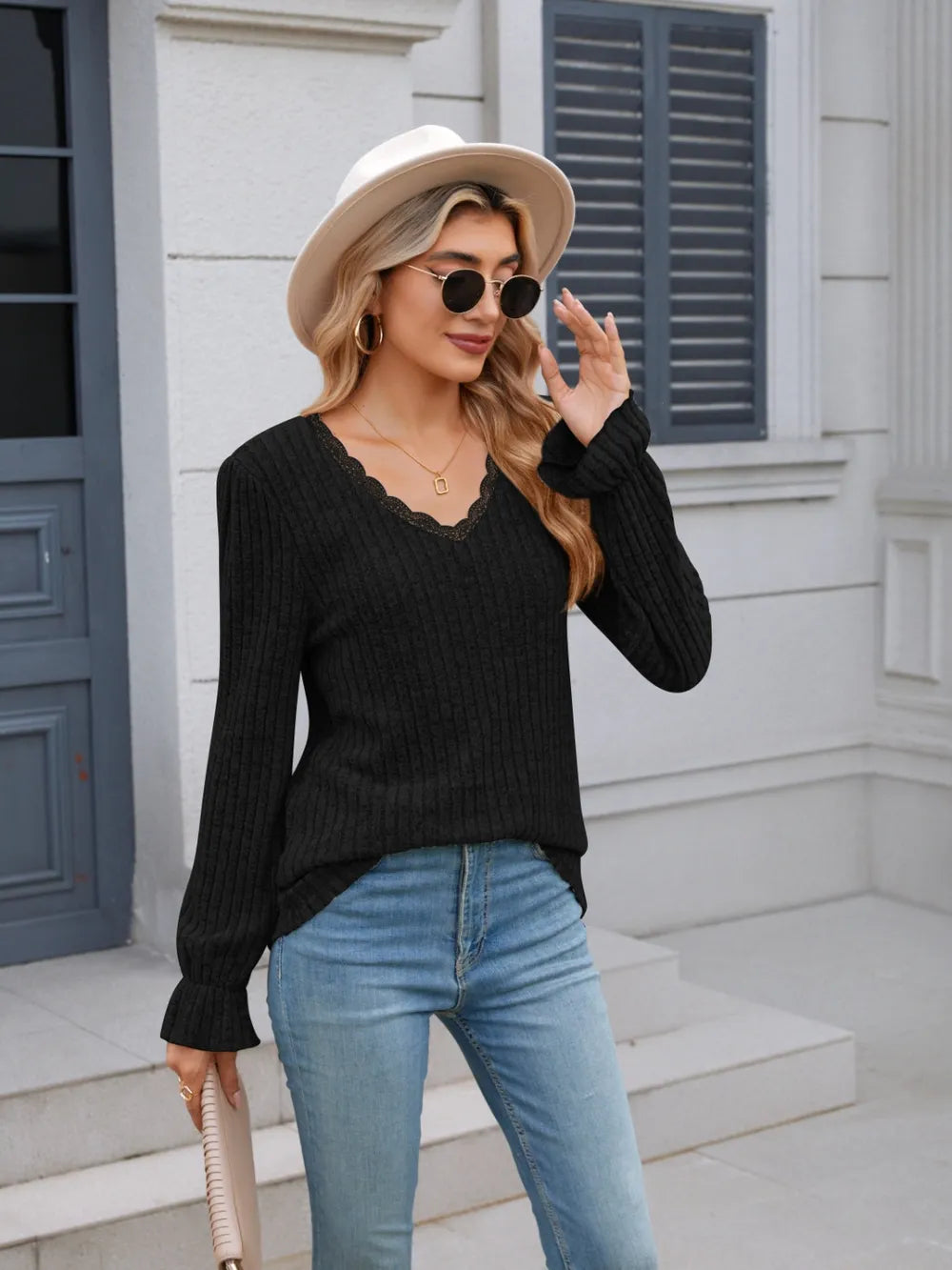 Lace Detail V-Neck Long Sleeve T-Shirt – Trendsi | ClozArt