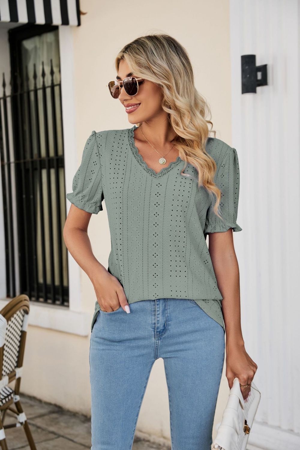 Eyelet Flounce Sleeve Scalloped V-Neck Top – Trendsi | ClozArt