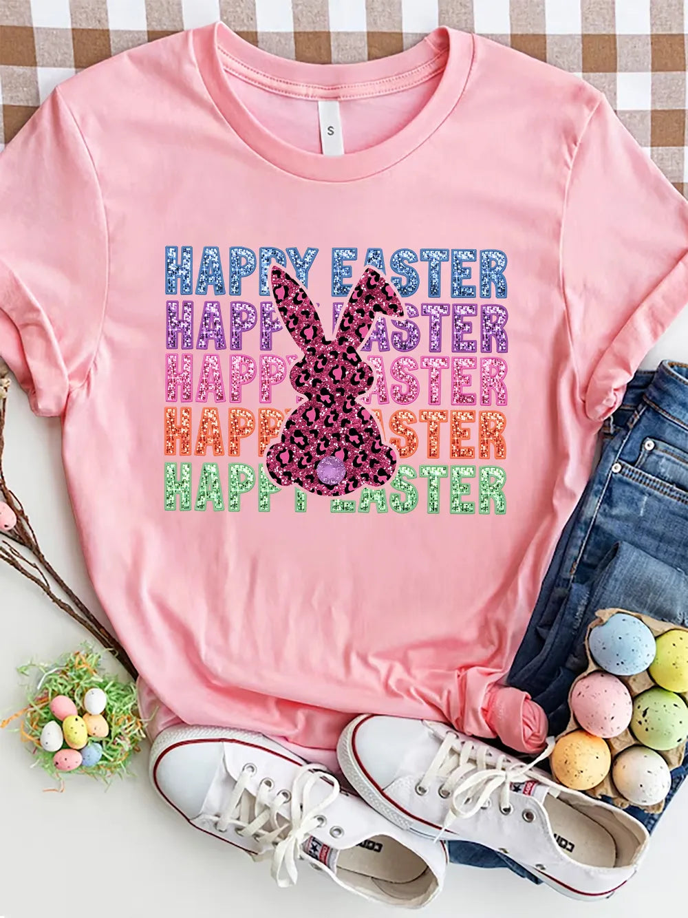 HAPPY EASTER Round Neck Short Sleeve T-Shirt – Trendsi | ClozArt